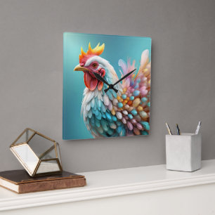 Fabulous Rainbow Pastel Coloured Chicken, Square Wall Clock