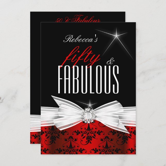 Fabulous Red Black Damask 50th Birthday Party Invitation (Front/Back)