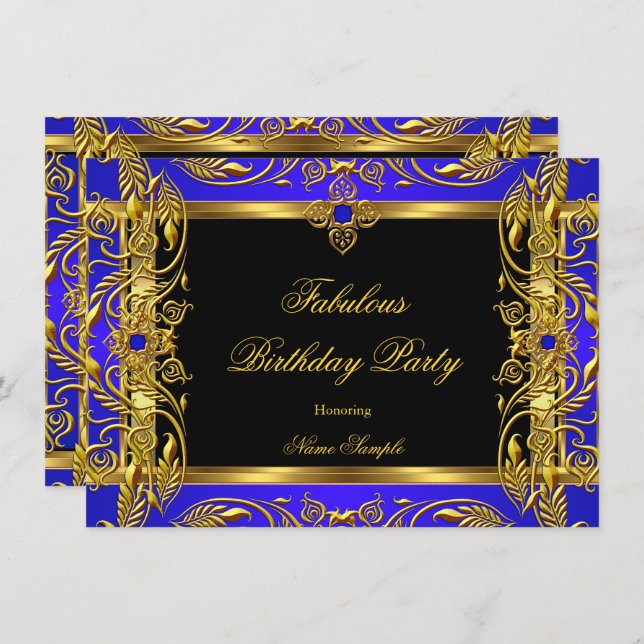 Fabulous Royal Blue Black Gold Birthday Party Invitation (Front/Back)
