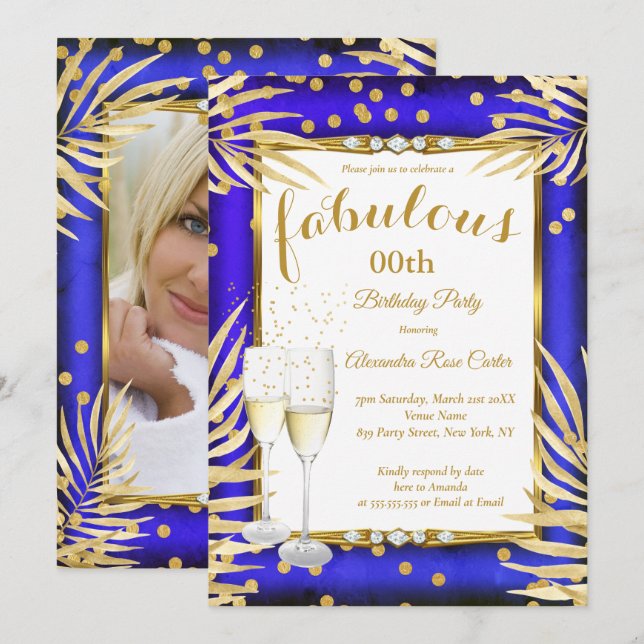 Fabulous Royal Blue Gold Palms Champagne Party Invitation (Front/Back)