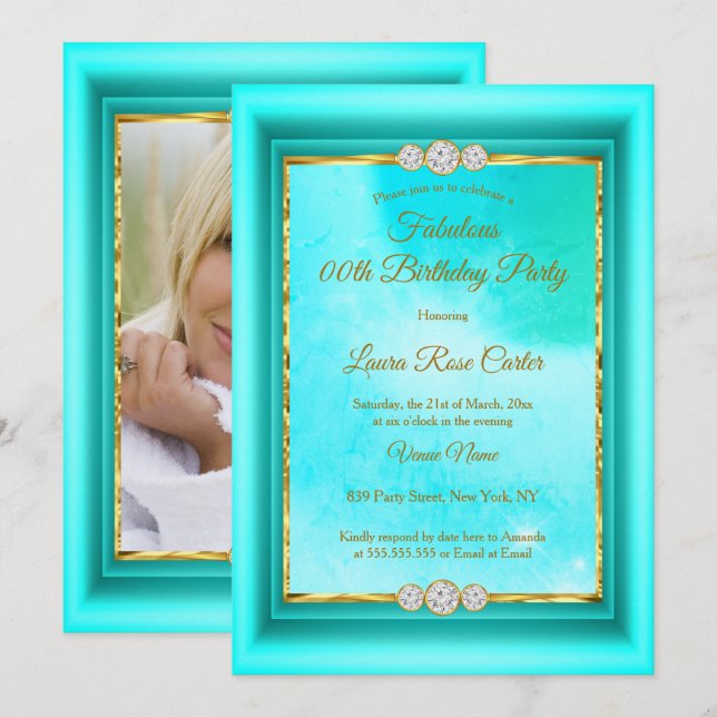 Fabulous teal blue Gold photo Birthday Party Invitation (Front/Back)