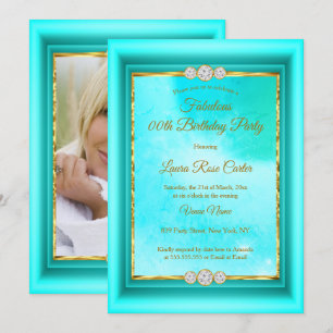 Fabulous teal blue Gold photo Birthday Party Invitation