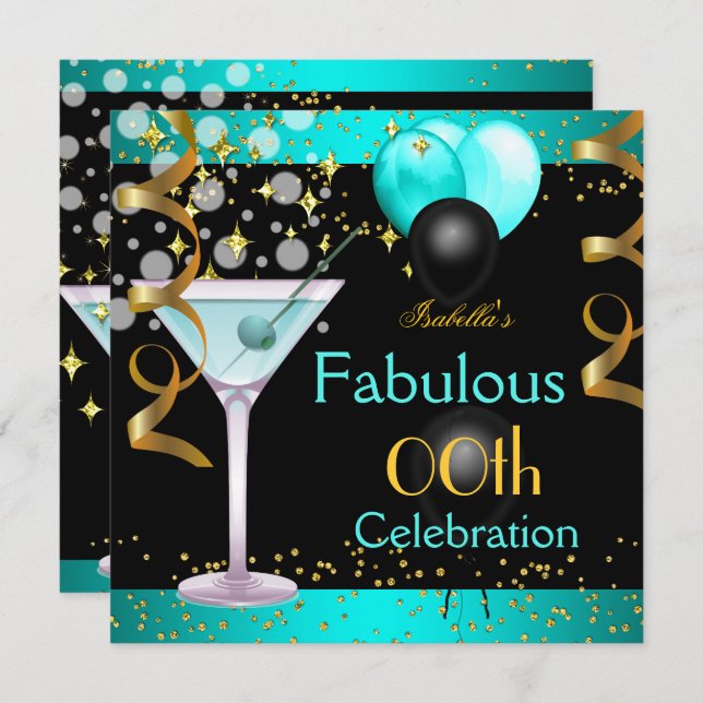 Fabulous Teal Blue Martini Gold Birthday Party Invitation (Front/Back)