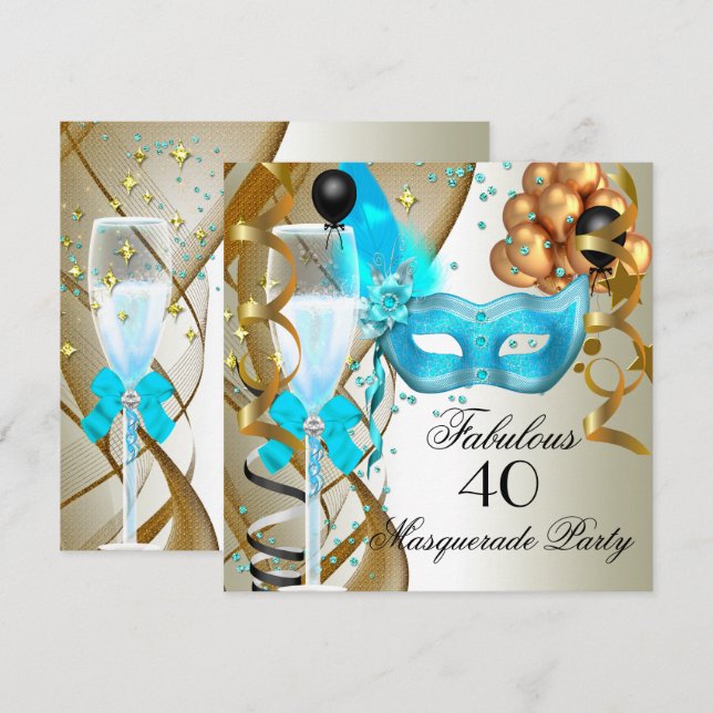 Fabulous Teal Gold Cream Black Masquerade Party Invitation (Front/Back)