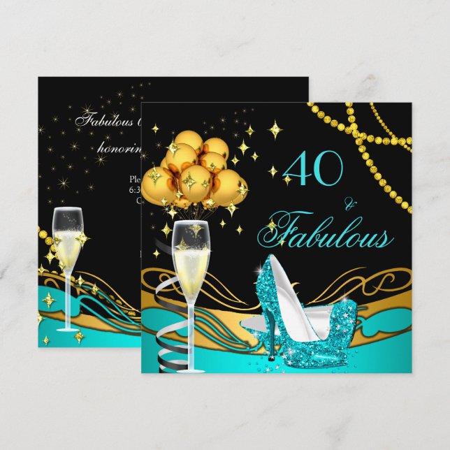 Fabulous Teal Heels Gold Black Birthday Party Invitation (Front/Back)