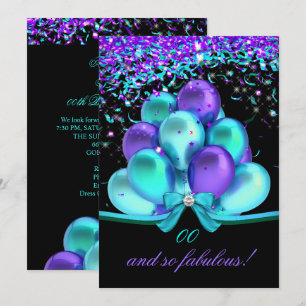 Fabulous Teal Purple Streamers Balloons Birthday Invitation