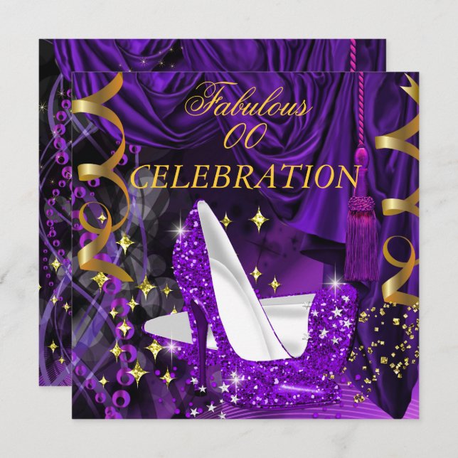 Fabulous Women's Purple Gold Heels Birthday Invitation (Front/Back)