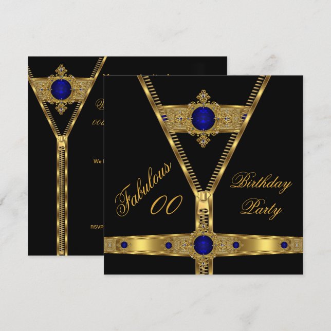 Fabulous Zipper Gold Royal Blue Diamond Gem 2 Invitation (Front/Back)