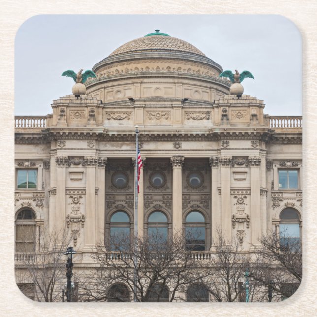 facade of landmark milwaukee public library  square paper coaster (Front)