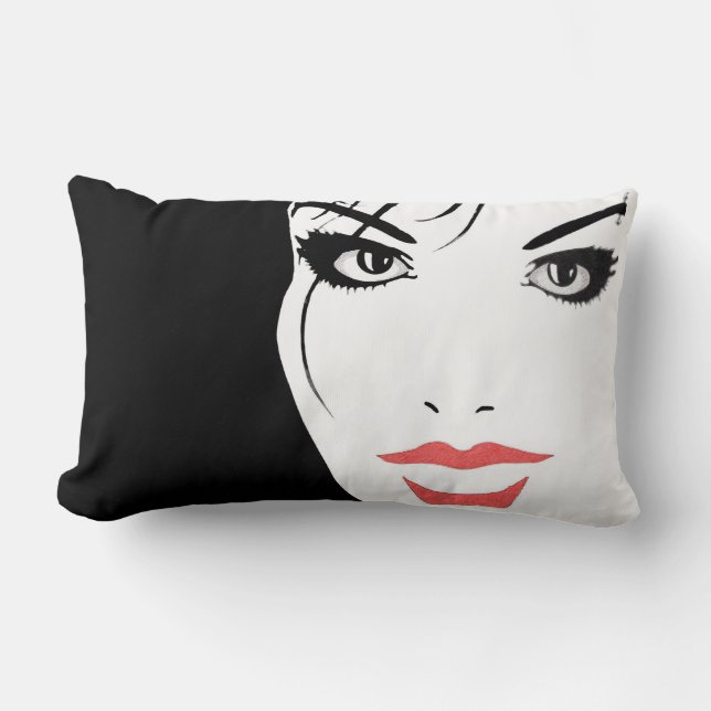 Face Black and White Woman Lumbar Pillow (Front)