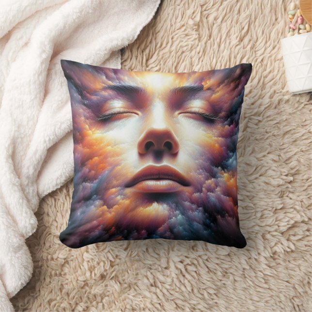 Face Blended with Colourful Clouds Throw Pillow (Blanket)