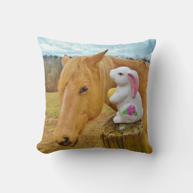 Face Blonde horse & Easter Spring flower Bunny Throw Pillow (Front)