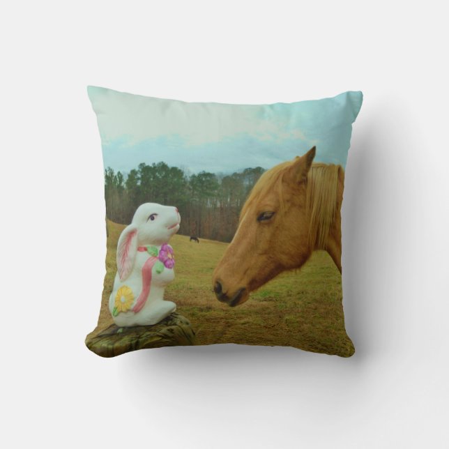 Face Blonde horse & Spring flower Bunny Throw Pillow (Front)