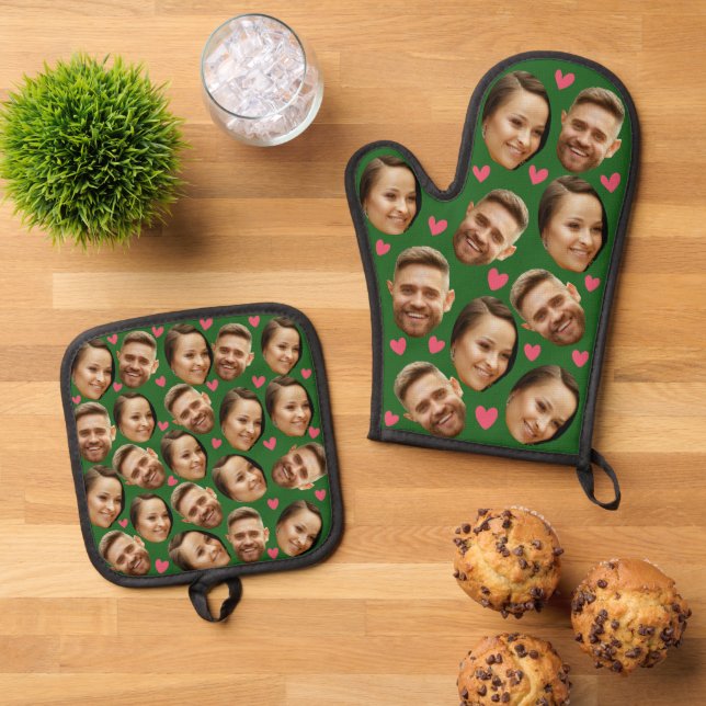 Face Custom Photo Heart Couple Green Oven Mitt & Pot Holder Set (Top Down)