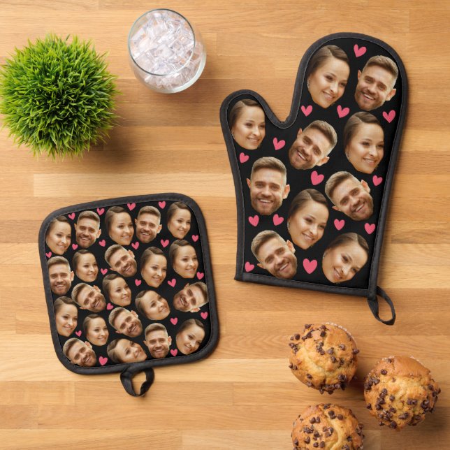 Face Custom Photo With Heart Couple Black Oven Mitt & Pot Holder Set (Top Down)