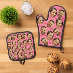 Face Custom Photo With Heart Couple Pink Oven Mitt & Pot Holder Set