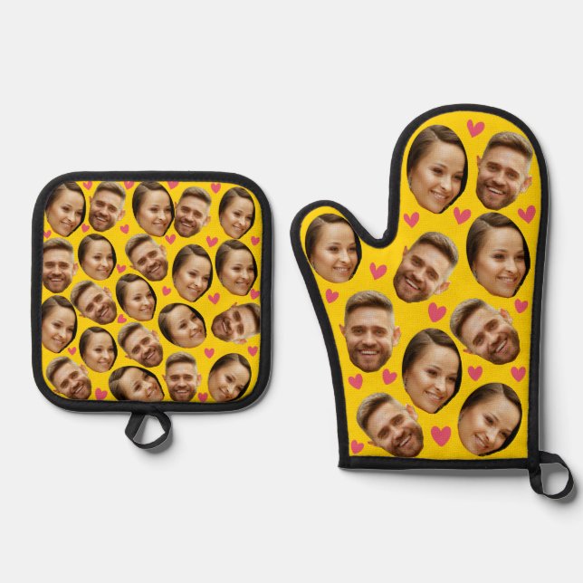 Face Custom Photo With Heart Couple Yellow Oven Mitt & Pot Holder Set (Front)