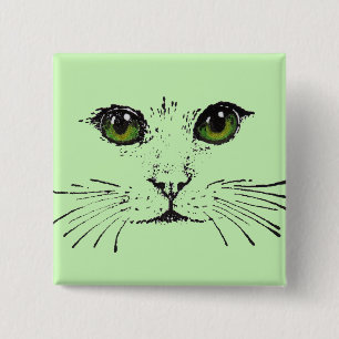 Face of a Cat Long Whiskers Bright Green Eyes 2 Inch Square Button