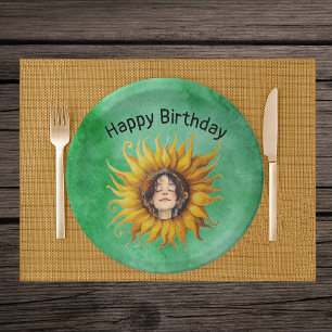 Face of Birthday Girl in Fancy Yellow Sunflower  Paper Plate