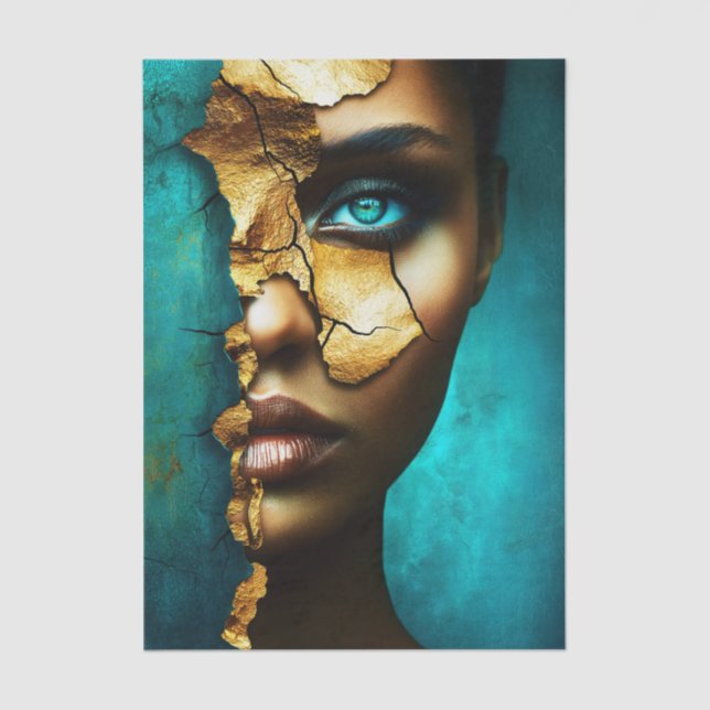 Face Of Brown Woman & Gold Kintsugi EM7R Decoupage Tissue Paper (Front)