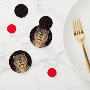 Face of Fierce Asian Tiger Red Polka Dots Black Confetti