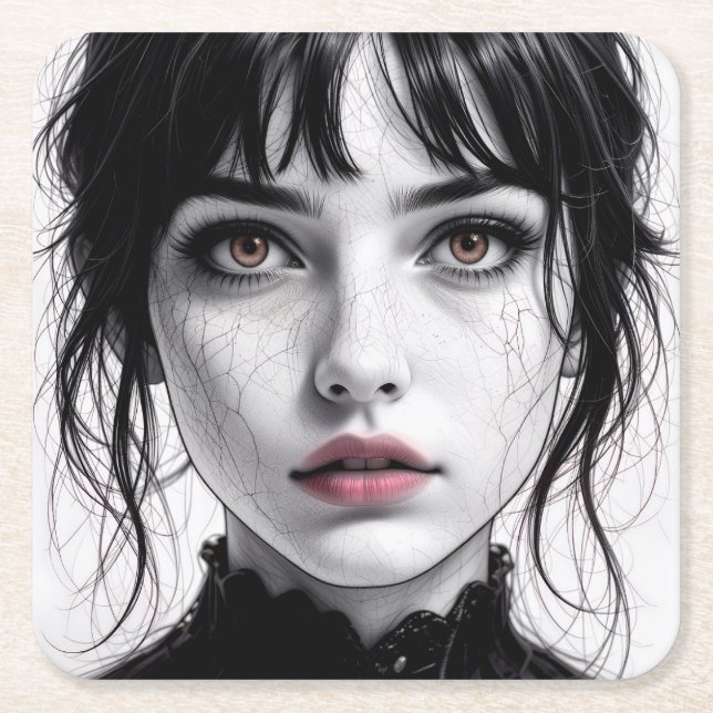 Face of porcelain gaze of a cracked soul. square paper coaster (Front)