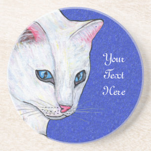 Face of White Cat Light Blue Eyes Sparkle Coaster