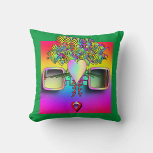 FACE WITH GLASSES ON GREEN THROW PILLOW