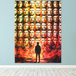 Faceless Figure Masked Crowd Impasto Surreal Oil Canvas Print