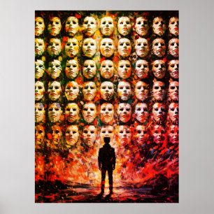 Faceless Figure Masked Crowd Impasto Surreal Oil Poster