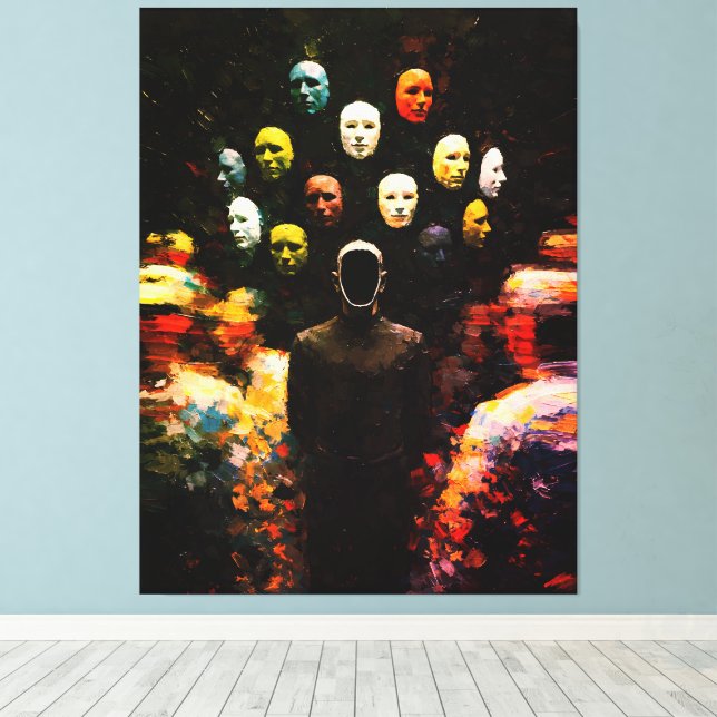 Faceless Figure Surrounded by Masked Faces Impasto Canvas Print (Insitu(Wood Floor))