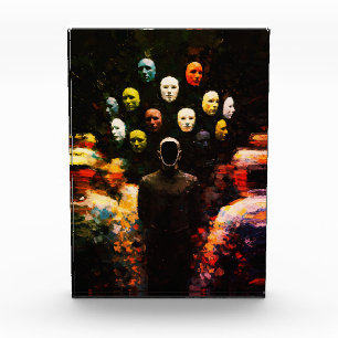 Faceless Figure Surrounded by Masked Faces Impasto Photo Block
