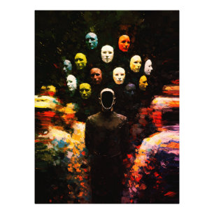 Faceless Figure Surrounded by Masked Faces Impasto Photo Print