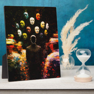 Faceless Figure Surrounded by Masked Faces Impasto Plaque