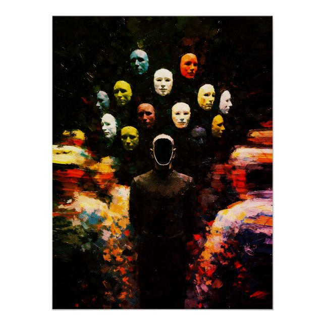 Faceless Figure Surrounded by Masked Faces Impasto Poster (Front)