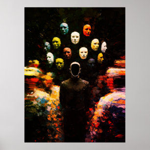 Faceless Figure Surrounded by Masked Faces Impasto Poster