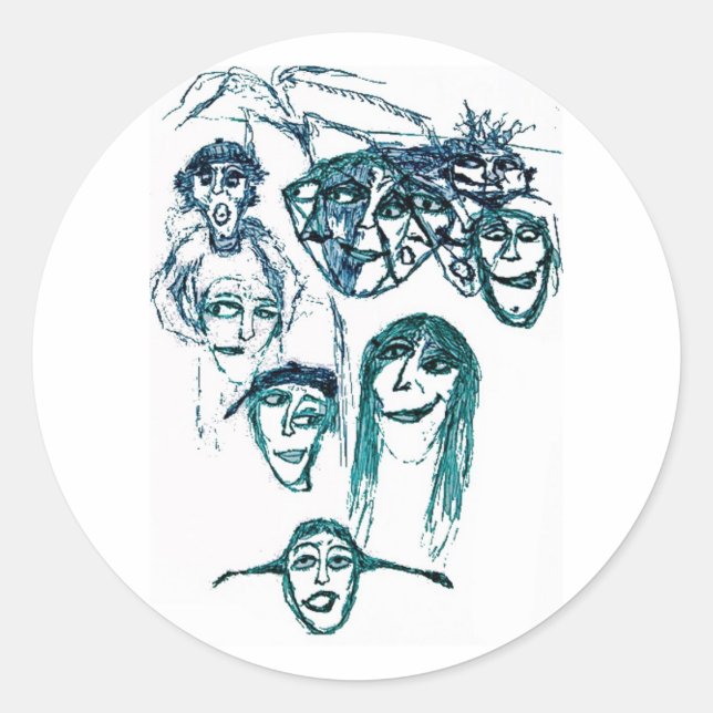 faces print white classic round sticker (Front)
