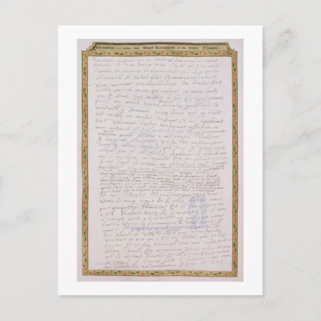 Facsimile of a letter from Elizabeth I to Francois Postcard (Front)
