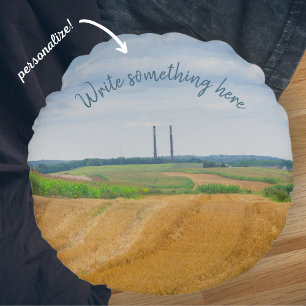 Factory chimneys with yellow field round pillow