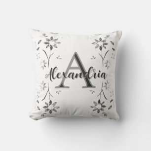 Faded Black and White Floral Personalized Monogram Throw Pillow