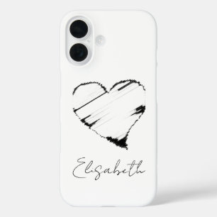 Faded black heart on white your name iPhone 16 case