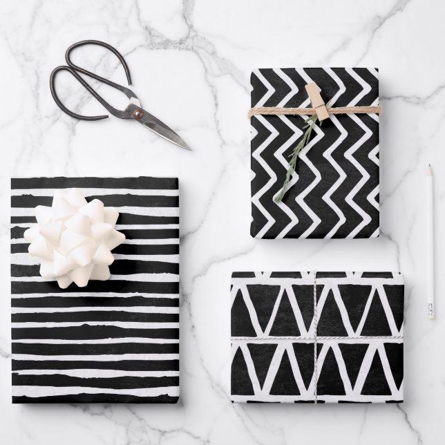 Faded Black White Doodle Stripes Wrapping Paper Sheet (Front)