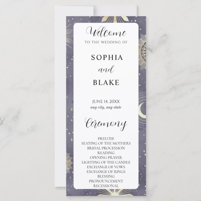 Faded Blue and Gold Celestial Wedding Program (Front)