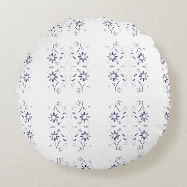 Faded Blue and White Floral Pattern Round Pillow (Front)
