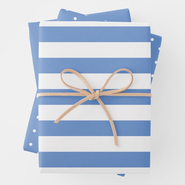 Faded Blue Polka Dot Wide Striped and Solid Wrapping Paper Sheet (In situ)