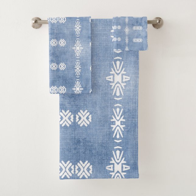 Faded Blue Tribal Pattern Bath Towel Set (Insitu)