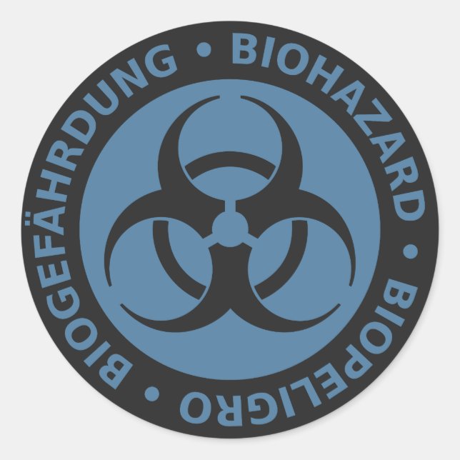 Faded Blue Trilingual Biohazard Warning Classic Round Sticker (Front)