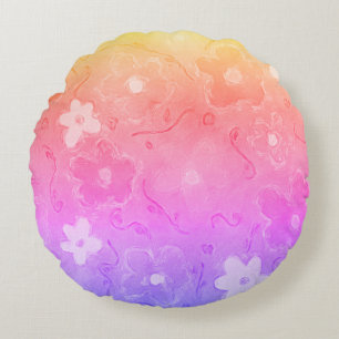 Faded Colourful Flowers Round Pillow