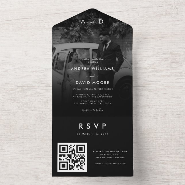 Faded Dark Photo Modern Minimalist QR Code Wedding All In One Invitation (Inside)