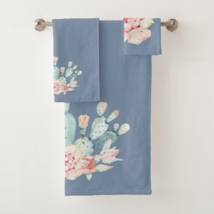 Faded Denim Blue  and Watercolor Cactus Bath Towel Set